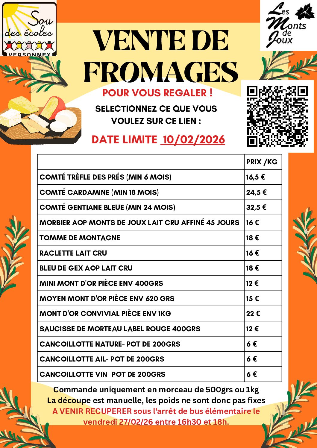 VENTE DE FROMAGES PAR LE SOU DES ÉCOLES DE VERSONNEX